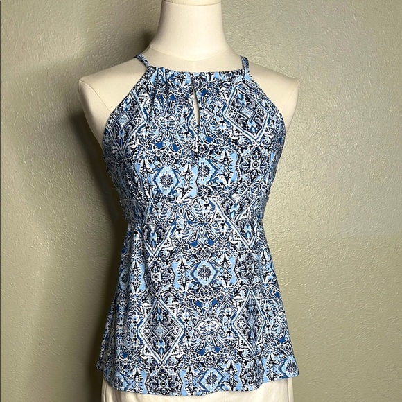 KONA SOL Halter Blue Floral Botanical‎ Blue & White Tankini Swimsuit Swim Top - Picture 3 of 14
